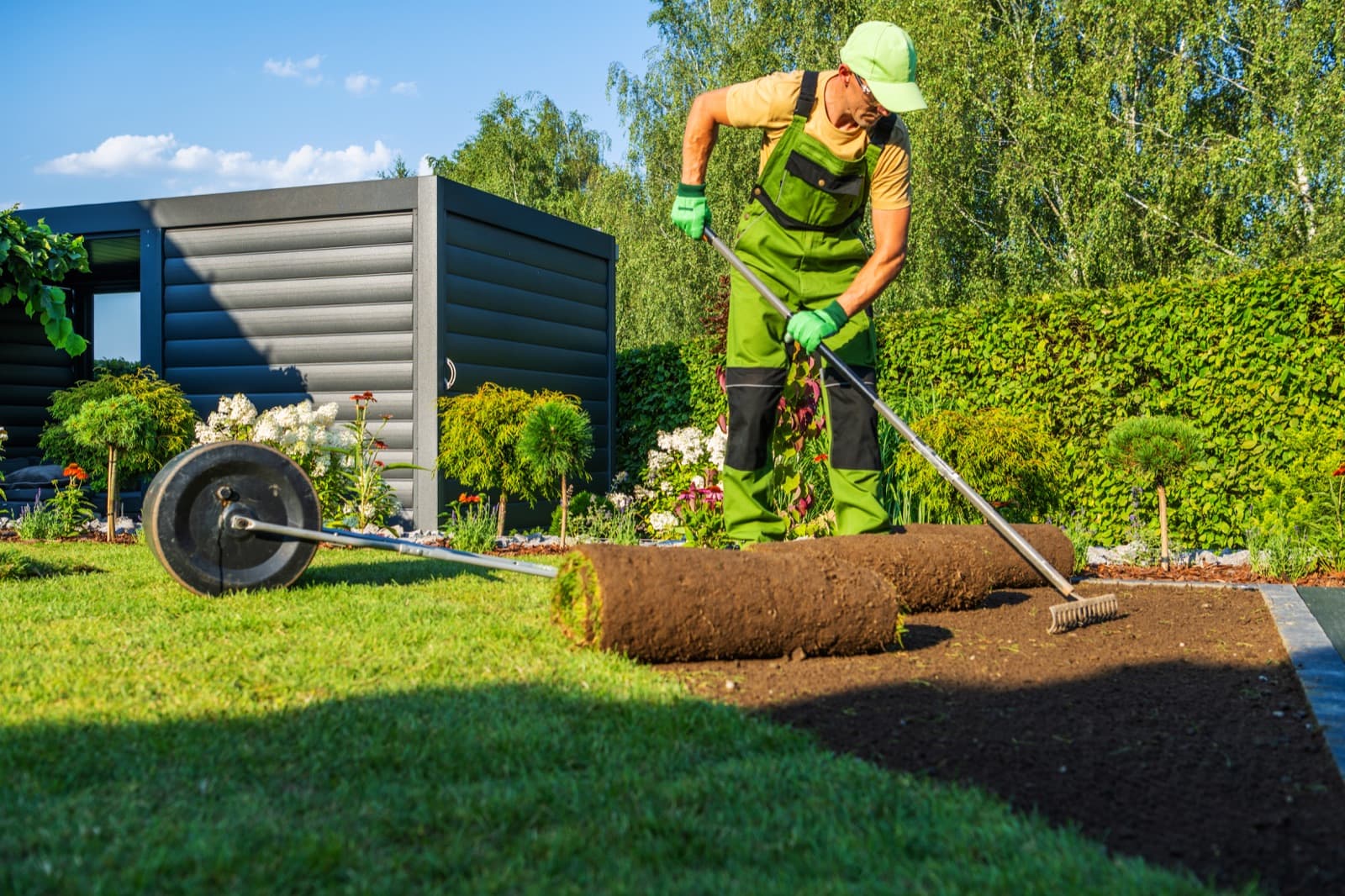 Landscaper installing fresh sod in a residential garden