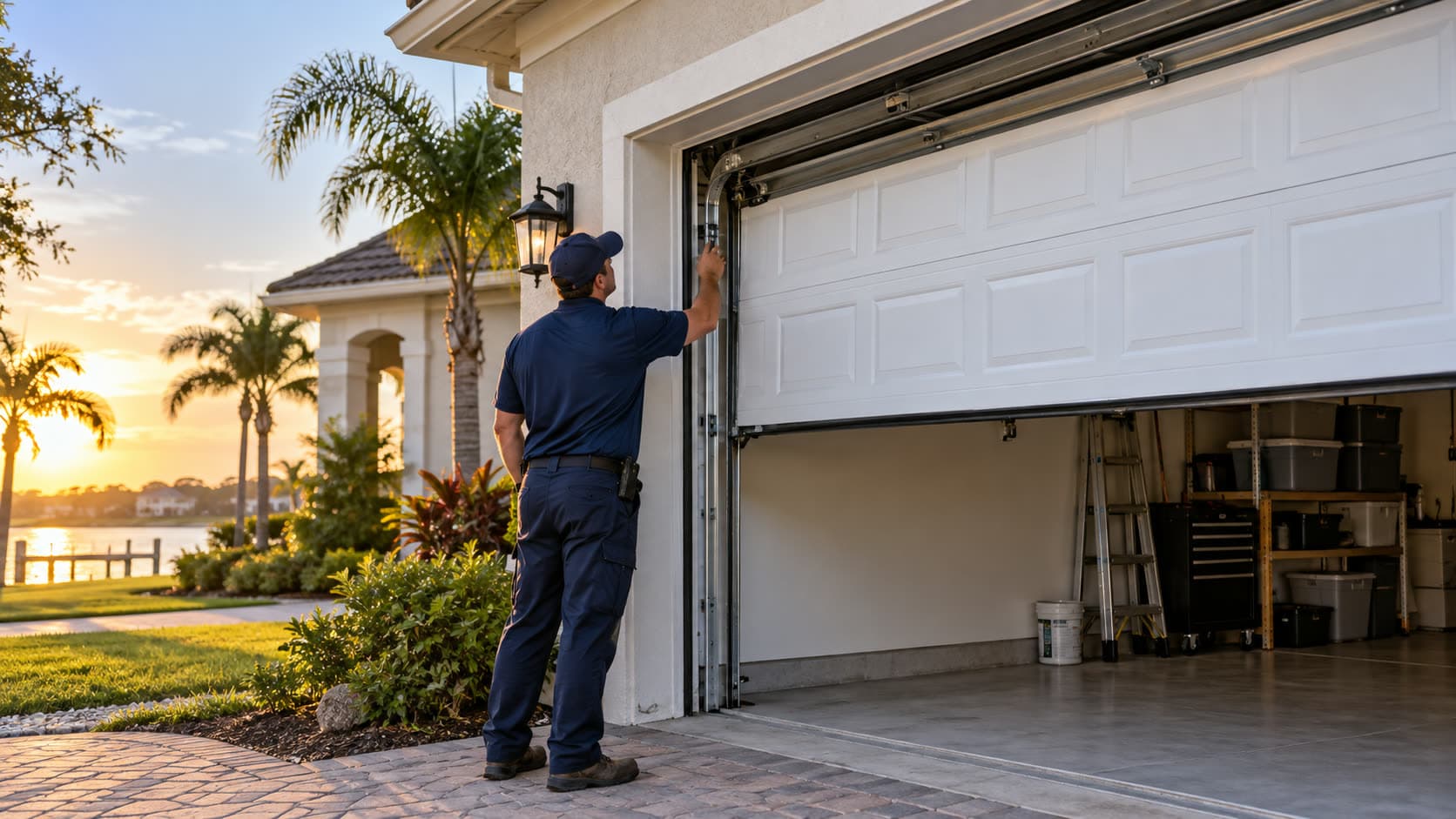 Illustrative technician inspecting a residential garage door