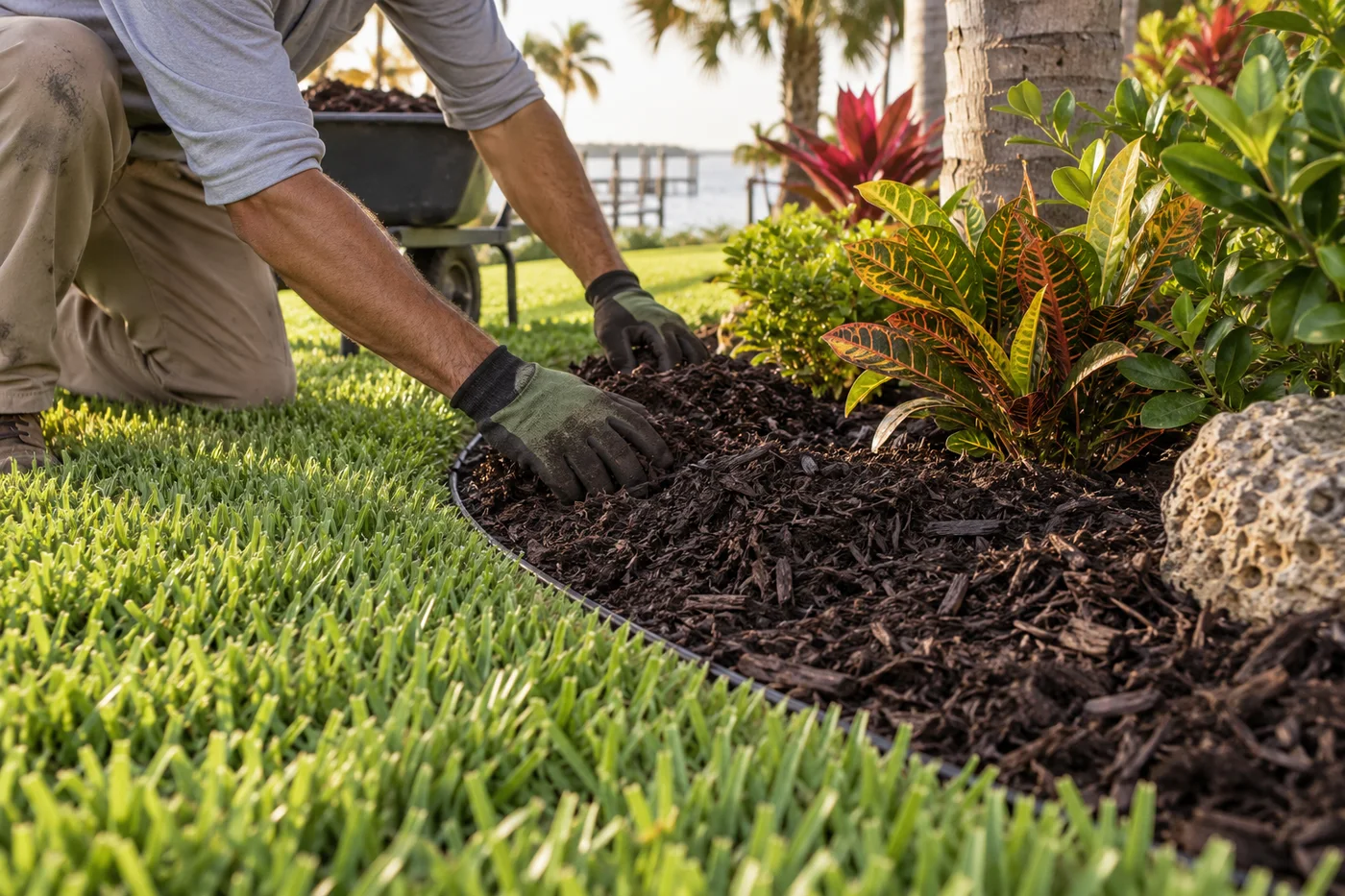 A lawn-care worker edging a garden bed and laying mulch
