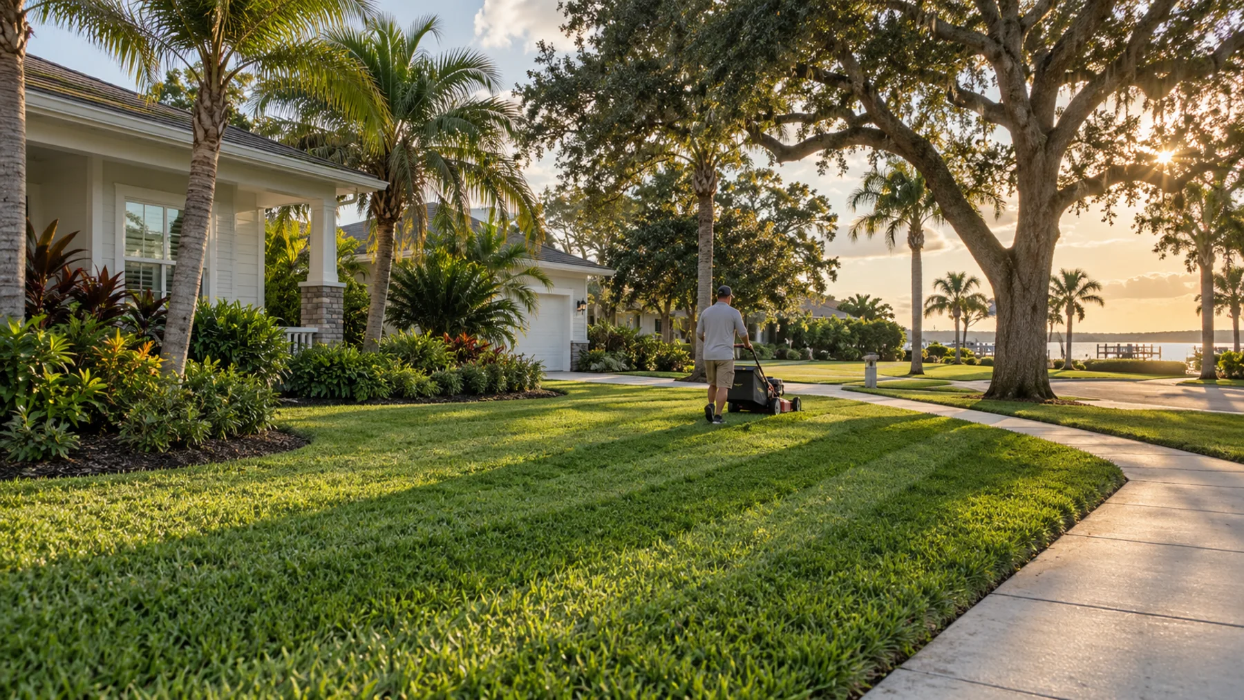 A freshly mowed coastal Florida lawn with a worker and a walk-behind mower