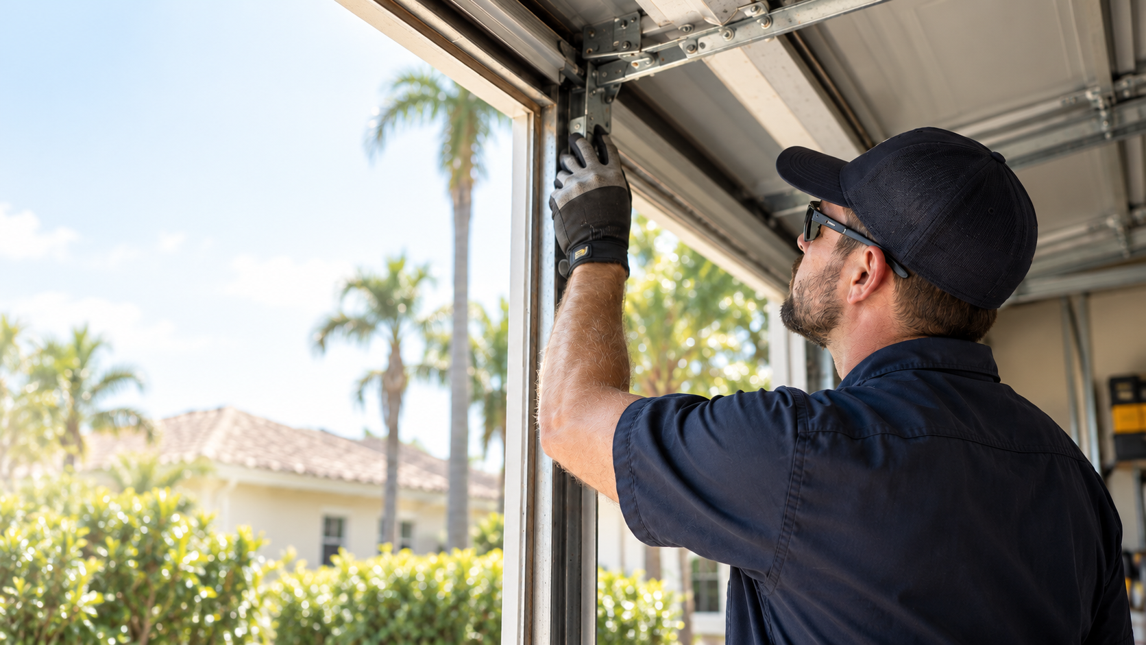 Illustrative technician examining a residential garage door track from inside a Florida home