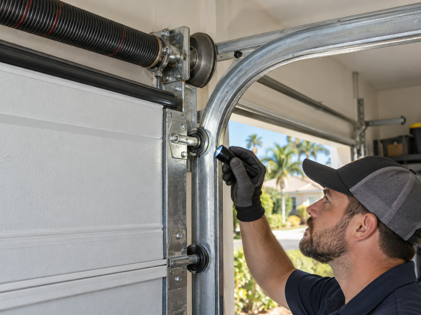 Illustrative technician using a flashlight to inspect a garage door track